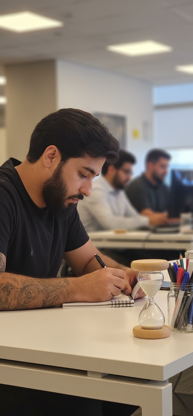 Juliano Vince de Campos escrevendo à mão num caderno, com uma ampulheta sobre a mesa e colegas trabalhando ao fundo